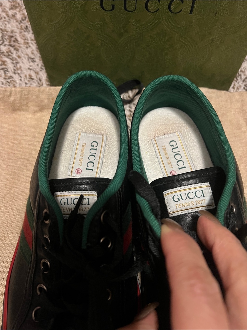 Gucci  Black Leather Sneakers with Red Trim & Green Stripe - Picture 5 of 7